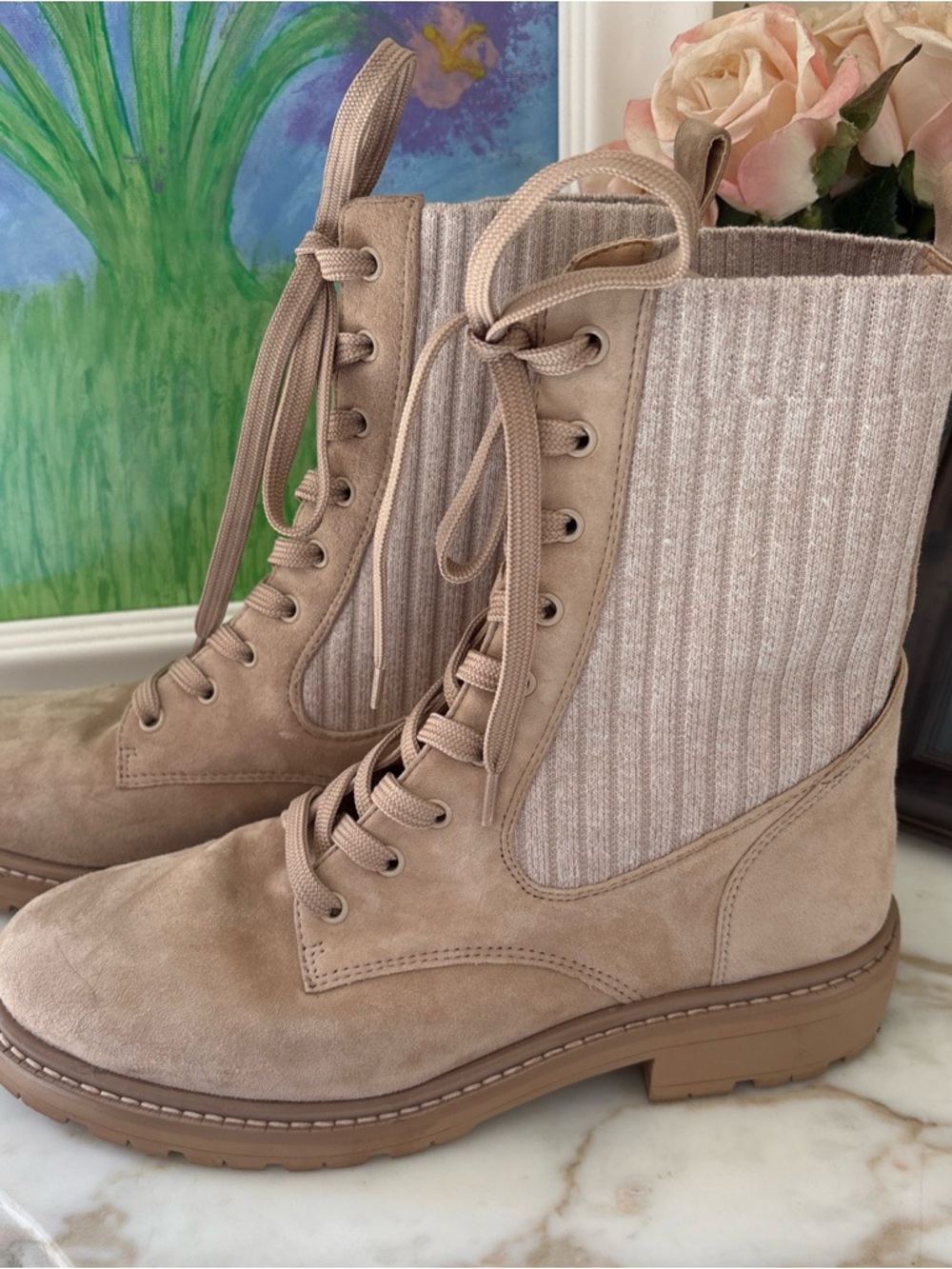 Sam Edelman Lydell Water Repellant Suede Leather Combat Boots Beige 7.5 M EUC